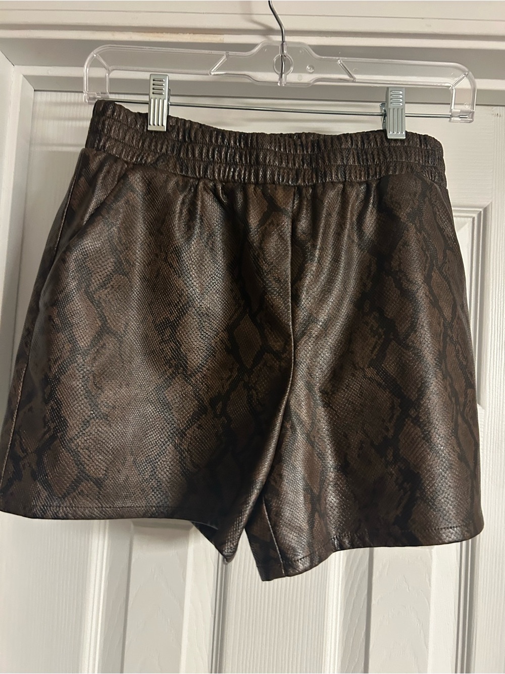 Versona Brown Snake-Print High Waist Faux Leather Shorts